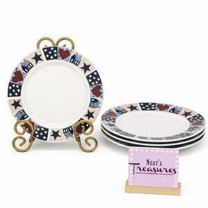 Oneida Mejesticware Brown AMERICAN QUILT Star Heart Cabin Salad Plates Set of 4